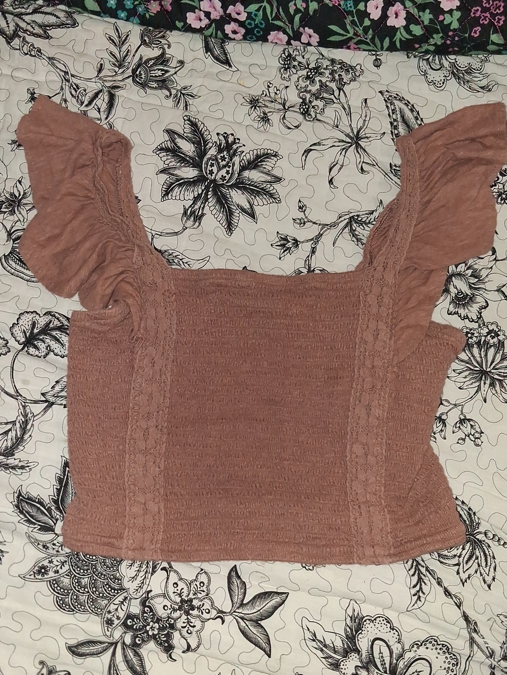 SO Rose Brown Smocked Crop Top with Ruffle Sleeves